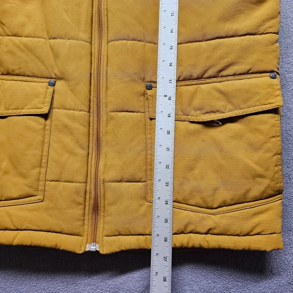 Timberland Hooded Puffer Vest Mens XL Gold Brown Fleece Trim Full Zip‎ Outdoor